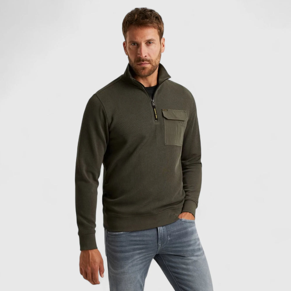PSW2509457-8039 PME Legend Knitwear Half Zip Collar Knit Look Jersey Beluga / Groen