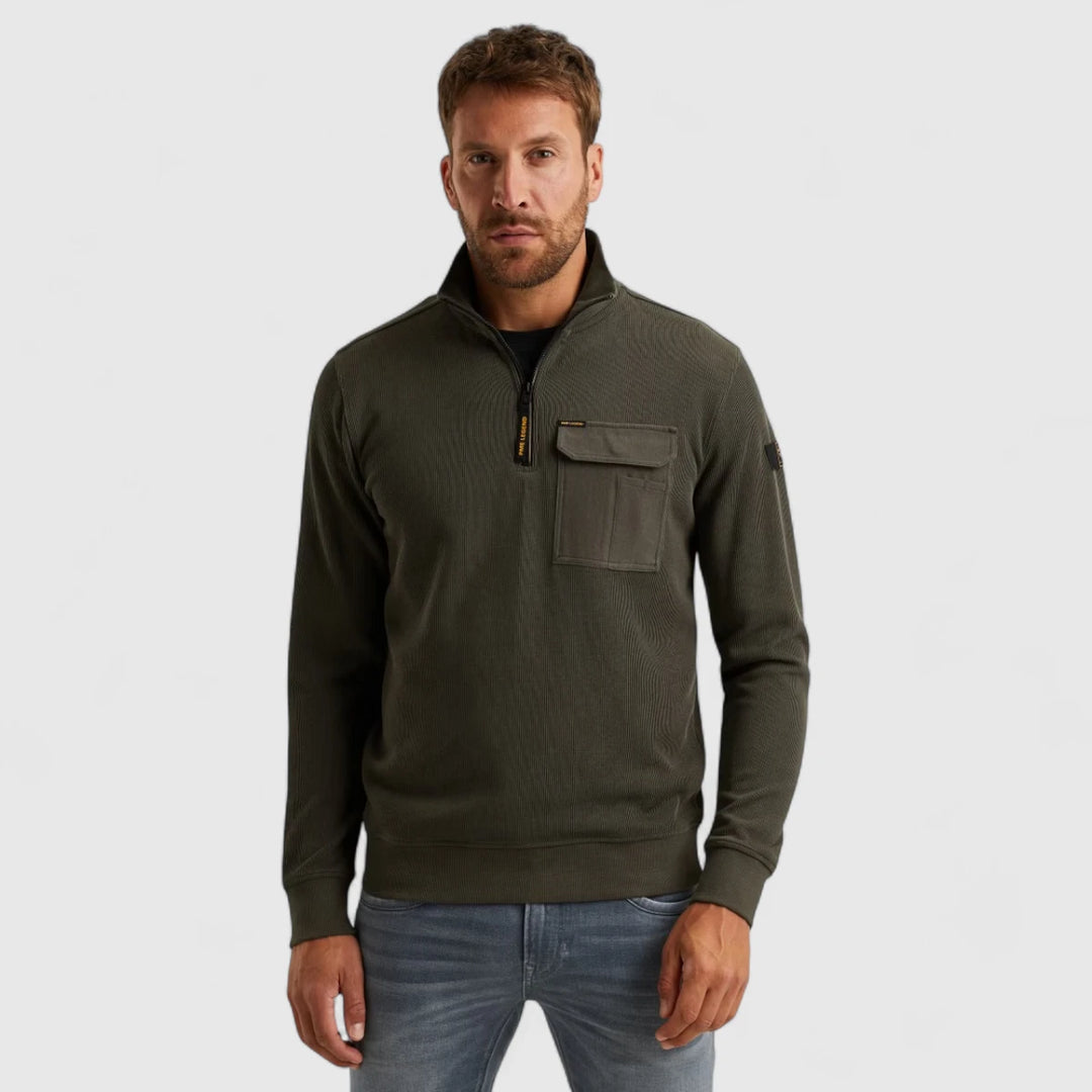 PSW2509457-8039 PME Legend Knitwear Half Zip Collar Knit Look Jersey Beluga / Groen